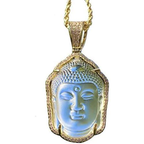 Iced Guanyin Tathagata Buddha White Jade Pendant Necklace 20'' Rope Chain Genuine Certified Grade A Jadeite Jade Hand Crafted, Jade Necklace, 14k Gold Filled Laughing Jade Buddha Necklace, Jade Medallion, Fast Prime Shipping