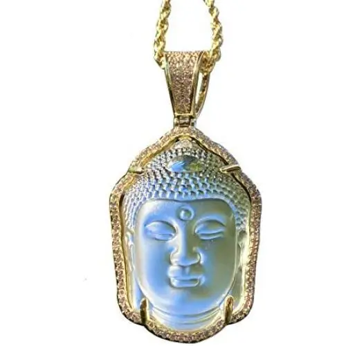 Iced Guanyin Tathagata Buddha White Jade Pendant Necklace 20'' Rope Chain Genuine Certified Grade A Jadeite Jade Hand Crafted, Jade Necklace, 14k Gold Filled Laughing Jade Buddha Necklace, Jade Medallion, Fast Prime Shipping