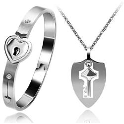 Uloveido Shield Key Pendant Necklace and Lock Bracelet for Girls Boys Couple Necklace Bracelet Set for Men and Women Anniversary Birthday Gift, You Hold the Key to My Heart Y473/Y474