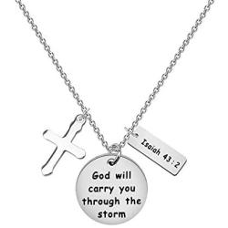 WSNANG Christian Gift Women Cross Religious Jewelry God With Carry You Through The Storm Isaiah 43:2 Necklace Baptism Gift for Women Girl