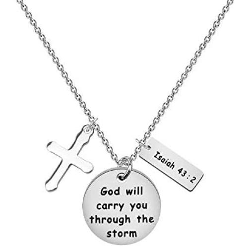 WSNANG Christian Gift Women Cross Religious Jewelry God With Carry You Through The Storm Isaiah 43:2 Necklace Baptism Gift for Women Girl