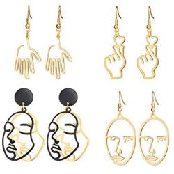 JOVIVI 4 Pairs Face Abstract Gold Statement Dangle Drop Earrings Set Hollow Geometric Hand Fun Art Earrings for Women Girls Punk Style