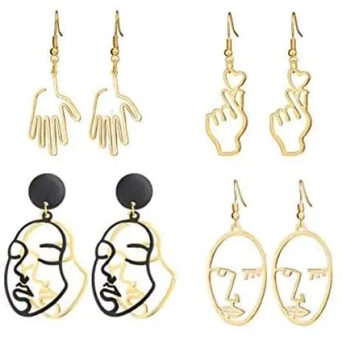 JOVIVI 4 Pairs Face Abstract Gold Statement Dangle Drop Earrings Set Hollow Geometric Hand Fun Art Earrings for Women Girls Punk Style JOVIVI 4 Pairs Face Abstract Gold Statement Dangle Drop Earrings Set Hollow Geometric Hand Fun Art Earrings for Women Girls Punk Style
