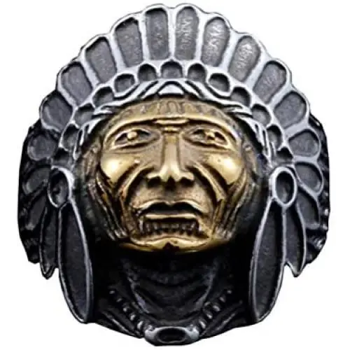 Oakky Mens 316L Stainless Steel Native American Indian Chief Headdresses Skull Biker Ring Punk