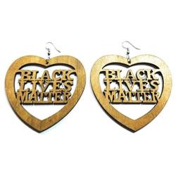 Teris Boutique Heart Black Lives Matter Wood Wooden Fashion Natural Color Dangle Earrings