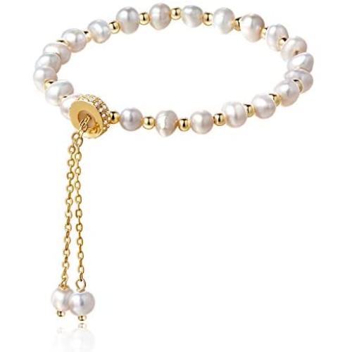 Cowlyn Pearl Bracelet Chain Link Baroque Culture Bossimi 14K Gold Filled Adjustable Fashion Valentine Charm Dainty Handmade Jewelry for Women Wife Girls Mother