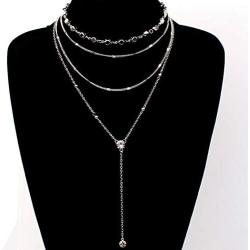 Zehory Boho Layered Crystal Choker Necklace Silver Long Tassel Pendant Y Necklaces Chain Jewelry Adjustable for Women and Girls