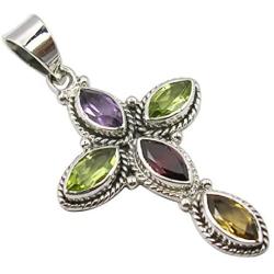 SilverStarJewel 925 Solid Silver Marquise Multistones Cross Pendant 1.7'' Low Price