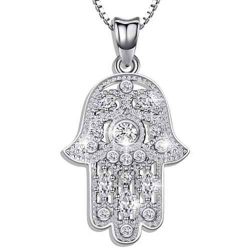 Aniu 925 Sterling Silver Necklace for Women, Hamsa Hand of Fatima Evil Eye Pendant with Cubic Zirconia, Comes with Black Jewelry Gift Box and 18 Inch Chain