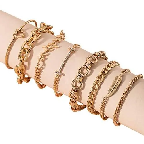 Mulgro 14K Gold Plated Link Bracelet Sets 8Pcs Gold Cuban Chain Bracelets Set Dainty Link Chain Bracelet Jewelry Gift for Women Girls