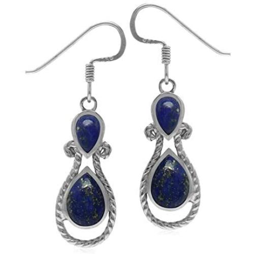 Silvershake Roman Byzantine Style Natural Blue Lapis 925 Sterling Silver Rope Dangle Hook Earrings