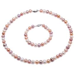 JYX Pearl Necklace Set 8-9mm Multi Color Freshwater Cultured Pearl Necklace and Bracelet Set for Women
