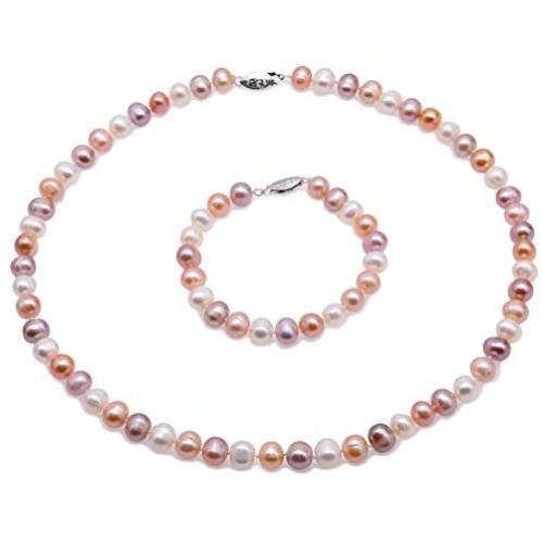JYX Pearl Necklace Set 8-9mm Multi Color Freshwater Cultured Pearl Necklace and Bracelet Set for Women