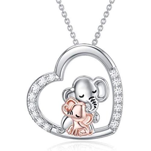 PROESS Mom and Baby Elephant Necklace Lucky Daughter Pendant Necklace for Girls Sterling Silver I Love You Heart Jewelry for Women Granddaughter