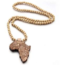 The Woos Wooden Beaded Sweater Chain Vintage Cross/African Map Pendant for Men and Women Hip Hop Necklace Jewelry Unisex Necklaces Gifts