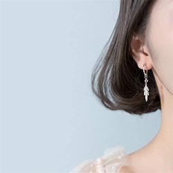 Minimalist Leaf Dangle Small Hoop Earrings for Women Girls 925 Sterling Silver with Charm Engraved Fashion Cute Ball Bead Drop Cartilage Hypoallergenic Fashion Unique Jewelry