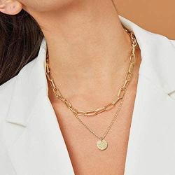 WangGao Stainless Steel Double Layers Paperclip Coin Pendant Necklace for Women Square Chain Choker Collar Jewelry