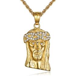 Lee Island Fashion 24K Gold Plated CZ Lord Jesus Pendant Stainless Steel Necklace, 24 Inch Chain Christian Jewelry