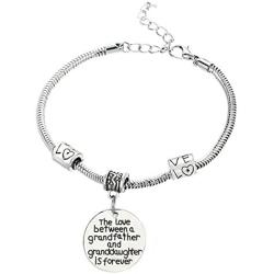 Luvalti Family Pendant Bracelet -''The Love Between a Grandfather and Granddaughter is Forever'', Stainless Steel, Charm, Best Family Personalized Memorial Gift Jewelry, Adjustable, for Men and Women