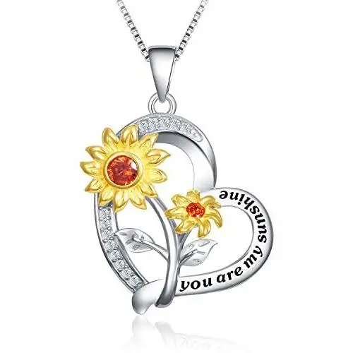 NUOKUN S925 Sterling Silver Heart Sunflower Necklace You are My Sunshine Necklace Rose Flower Pendant I Love You to The Moon and Back Jewelry for Women Girlfriend Wife Mother Her Birthday Gifts