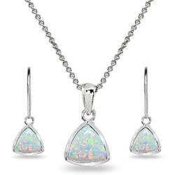 Sterling Silver Genuine or Synthetic Gemstone Trillion Bezel-Set Pendant Necklace & Dangle Leverback Earrings Set