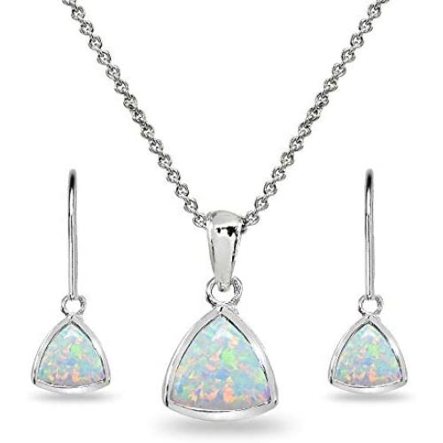Sterling Silver Genuine or Synthetic Gemstone Trillion Bezel-Set Pendant Necklace & Dangle Leverback Earrings Set