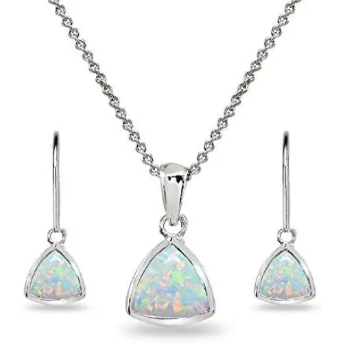 Sterling Silver Genuine or Synthetic Gemstone Trillion Bezel-Set Pendant Necklace & Dangle Leverback Earrings Set