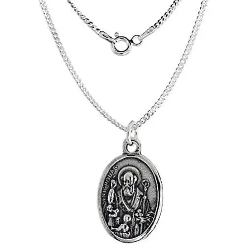 Sterling Silver St Nicholas Medal Necklace Oval 1.8mm Chain Sterling Silver St Nicholas Medal Necklace Oval 1.8mm Chain