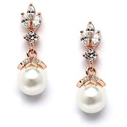 Mariell Rose Gold Wedding Earrings with Pearl Drops and Marquis CZ