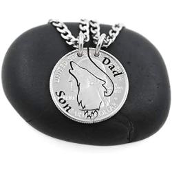 NameCoins Howling Wolf Necklaces for 2, Father and Son, Matching Son and Dad Pendants, Family Jewelry, Hand Cut Coin
