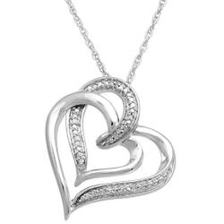 Jewelili Sterling Silver Natural White Round Diamond Heart Shape Pendant Necklace, 18'' Rope Chain