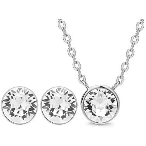 AURA Rhodium Plated Pendant Necklace and Crystal Stud Earring Jewelry Set Using Genuine Swarovski Crystals