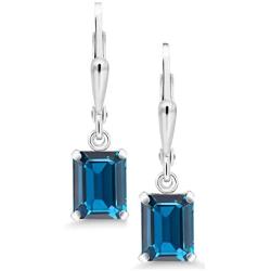 Gem Stone King 925 Sterling Silver London Blue Topaz Earrings 3.97 Cttw Gemstone Birthstone Emerald Cut 8X6MM