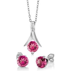 Gem Stone King 925 Sterling Silver Mystic Pink Topaz Pendant and Earrings Set For Women (2.25 Ct Round with 18 Inch Silver Chain)