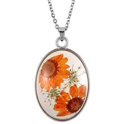 FM FM42 Multicolor Daisy Pressed Flowers Queen Annes Lace Transparent Oval Pendant Necklace (4 Colors)