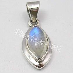 SilverStarJewel 6 x 12 mm Rainbow Moonstone Pendant 1'' 925 Stamped Fine Silver