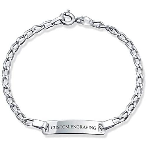 Thin ID Identification Bracelet Curb Cuban Link Engravable Name Plate 925 Silver Sterling Small Wrist 6 Inch Personalize