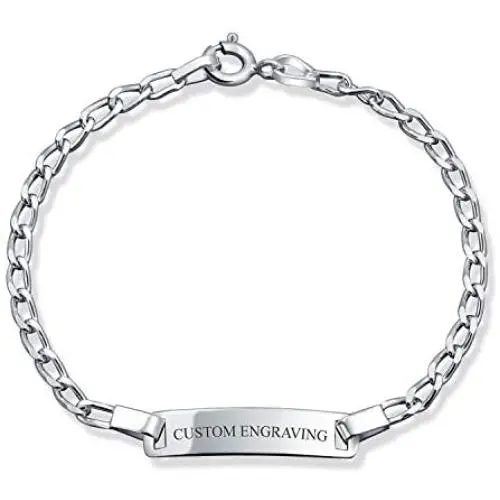Thin ID Identification Bracelet Curb Cuban Link Engravable Name Plate 925 Silver Sterling Small Wrist 6 Inch Personalize