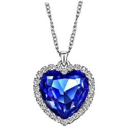 NEOGLORY Blue Crystals Heart Love Shaped Necklaces Jewelry, Heart of The Ocean Necklace from Titanic Crystal Pendant for Women Gift 18+2inch