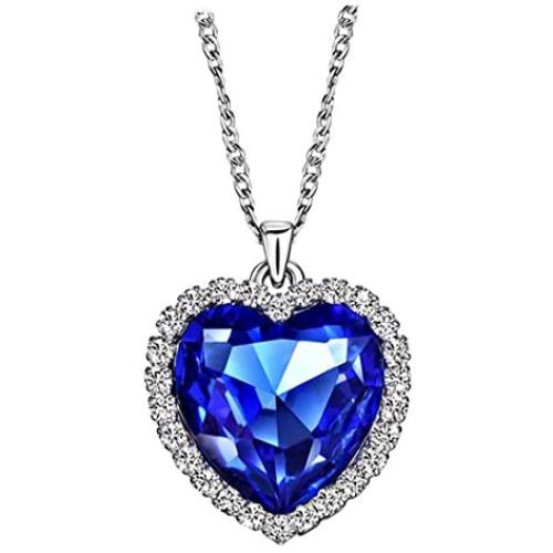 NEOGLORY Blue Crystals Heart Love Shaped Necklaces Jewelry, Heart of The Ocean Necklace from Titanic Crystal Pendant for Women Gift 18+2inch