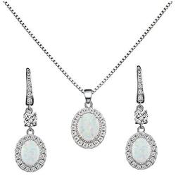 Lavencious 925 Sterling Silver Necklaces and Earrings Jewelry Set for Women, Round/Oval White Opal/Clear Cubic Zirconia CZ Stones with Italian Box Chain