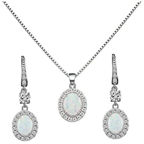 Lavencious 925 Sterling Silver Necklaces and Earrings Jewelry Set for Women, Round/Oval White Opal/Clear Cubic Zirconia CZ Stones with Italian Box Chain