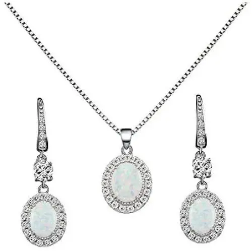Lavencious 925 Sterling Silver Necklaces and Earrings Jewelry Set for Women, Round/Oval White Opal/Clear Cubic Zirconia CZ Stones with Italian Box Chain