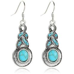 coadipress Ethnic Bohemian Tibetan Alloy Earrings and Necklace Set for Women Girls Vintage Water Teardrop Drop Blue Crystal Oval Turquoise Resin Boho Dangle Gift Jewelry