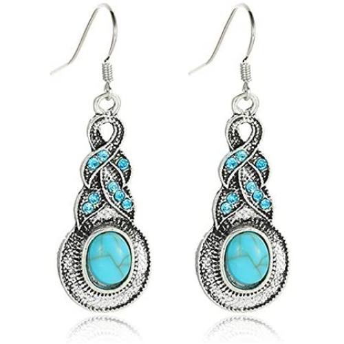 coadipress Ethnic Bohemian Tibetan Alloy Earrings and Necklace Set for Women Girls Vintage Water Teardrop Drop Blue Crystal Oval Turquoise Resin Boho Dangle Gift Jewelry