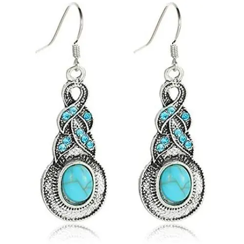 coadipress Ethnic Bohemian Tibetan Alloy Earrings and Necklace Set for Women Girls Vintage Water Teardrop Drop Blue Crystal Oval Turquoise Resin Boho Dangle Gift Jewelry