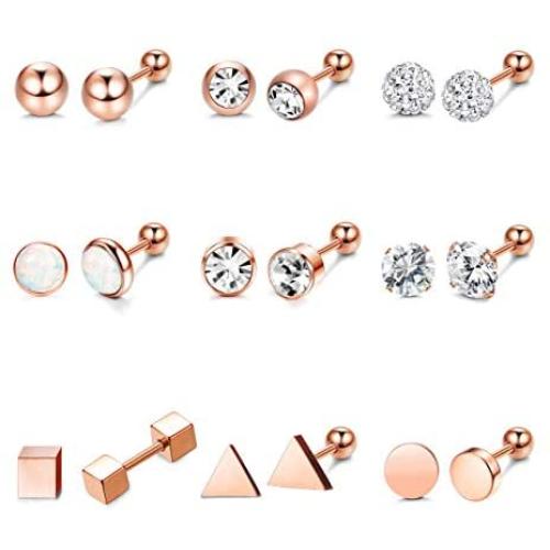 Hanpabum 9 Pairs Stainless Steel Ball Stud Earrings Barbell CZ Cartilage Helix Ear Piercing Jewelry Set for Men Women