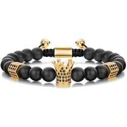 SEVENSTONE 8mm Crown King Charm Bracelet for Men Women Black Matte Onyx Stone Beads, 7.5''