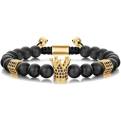 SEVENSTONE 8mm Crown King Charm Bracelet for Men Women Black Matte Onyx Stone Beads, 7.5''