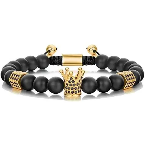 SEVENSTONE 8mm Crown King Charm Bracelet for Men Women Black Matte Onyx Stone Beads, 7.5'' SEVENSTONE 8mm Crown King Charm Bracelet for Men Women Black Matte Onyx Stone Beads, 7.5''